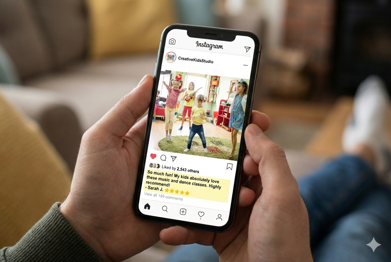 Reviews and social proof in an Instagram post about a children’s activity center