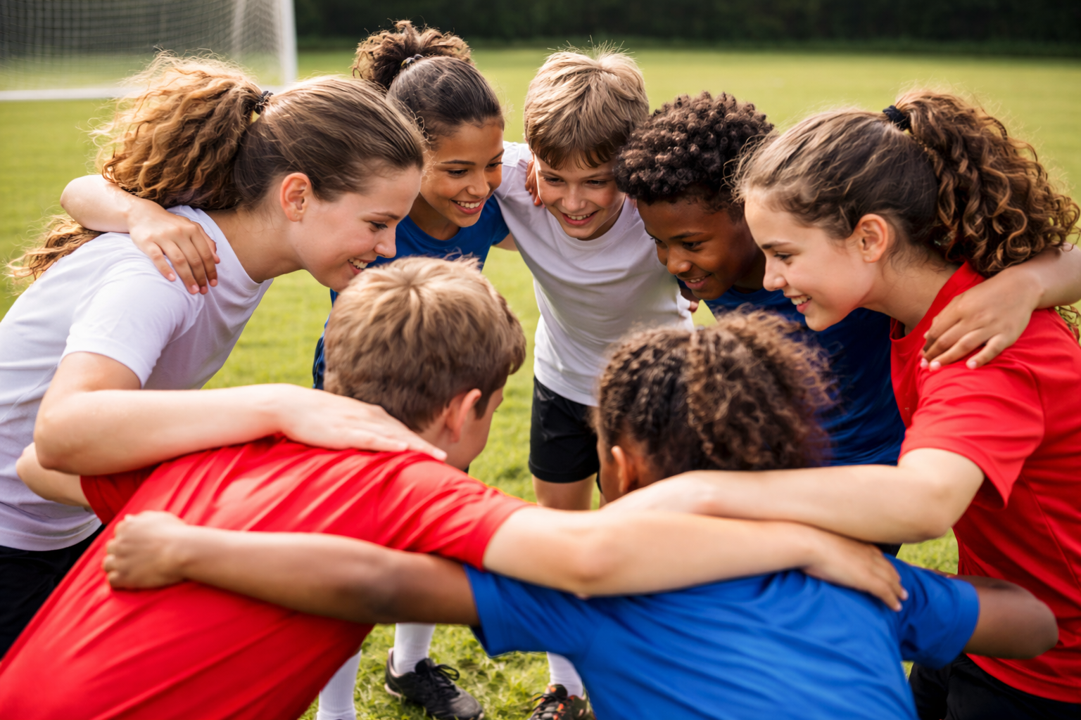 Players huddling up in a soccer practice in soccer academy 