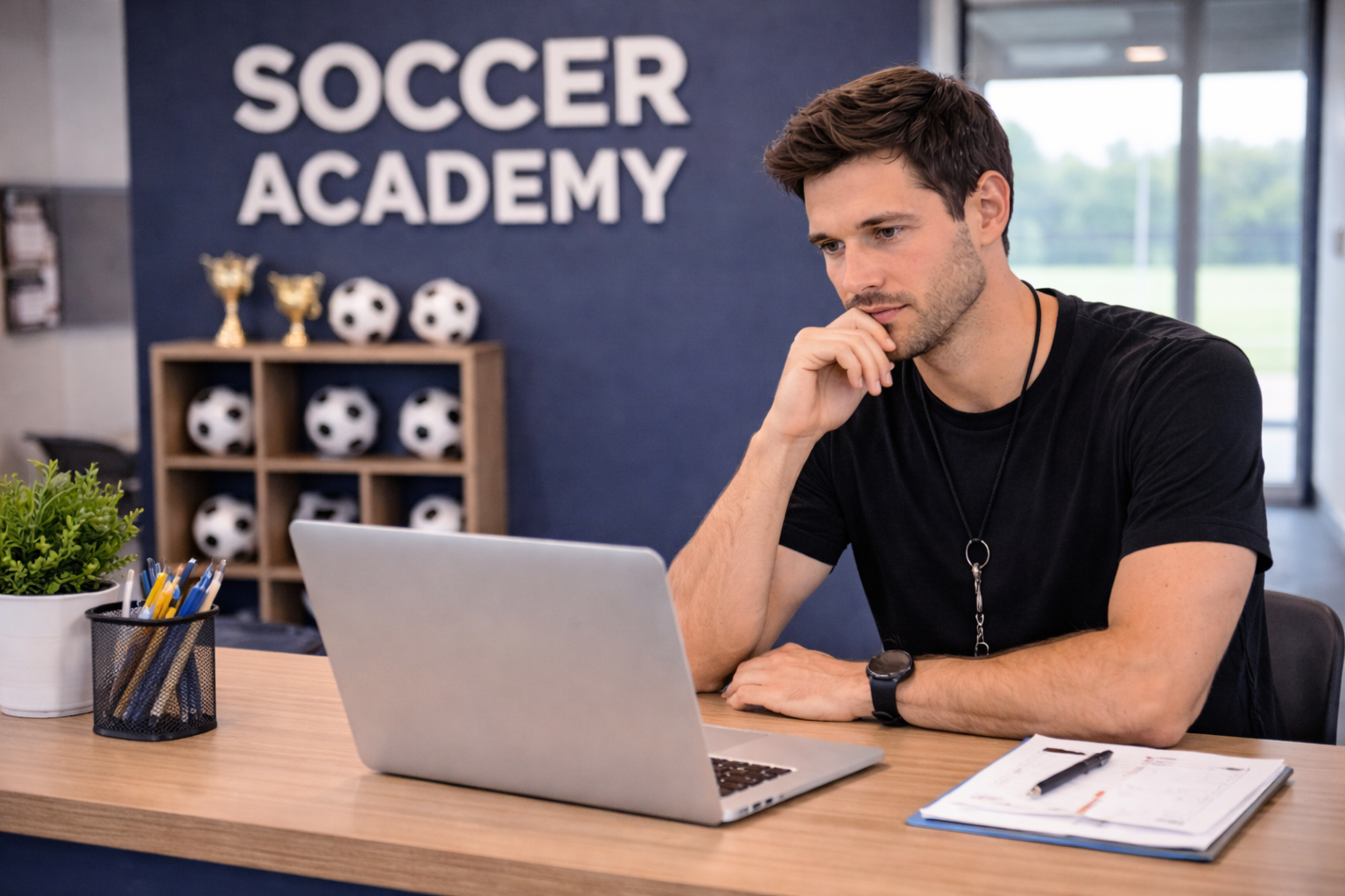 Soccer trainer analysing the reports and numbers 