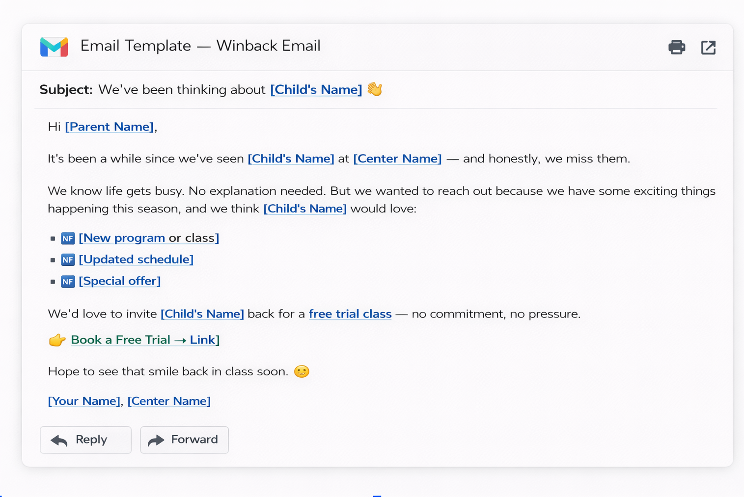 Email template to winback clients