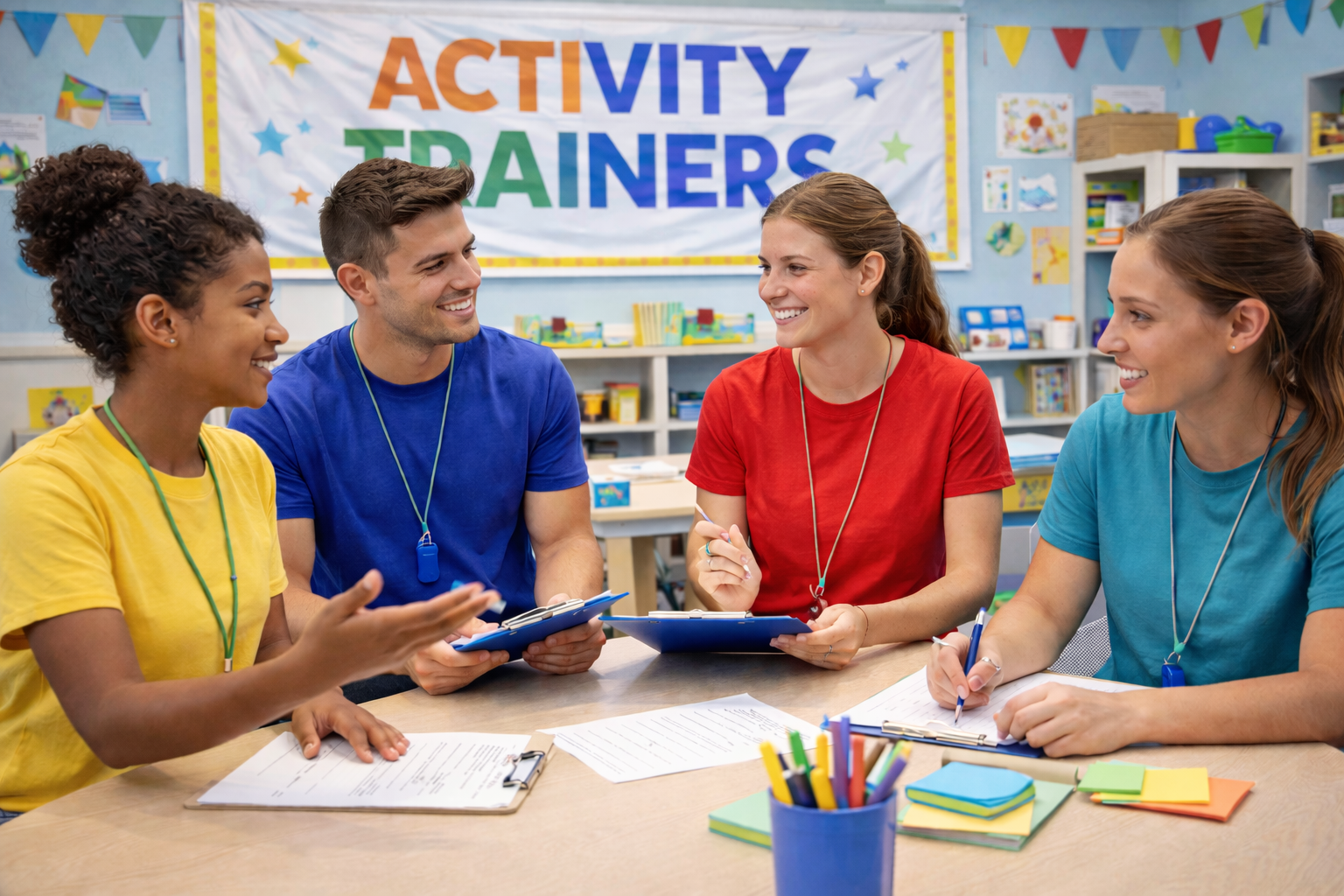 Kids' activity center trainers discussing