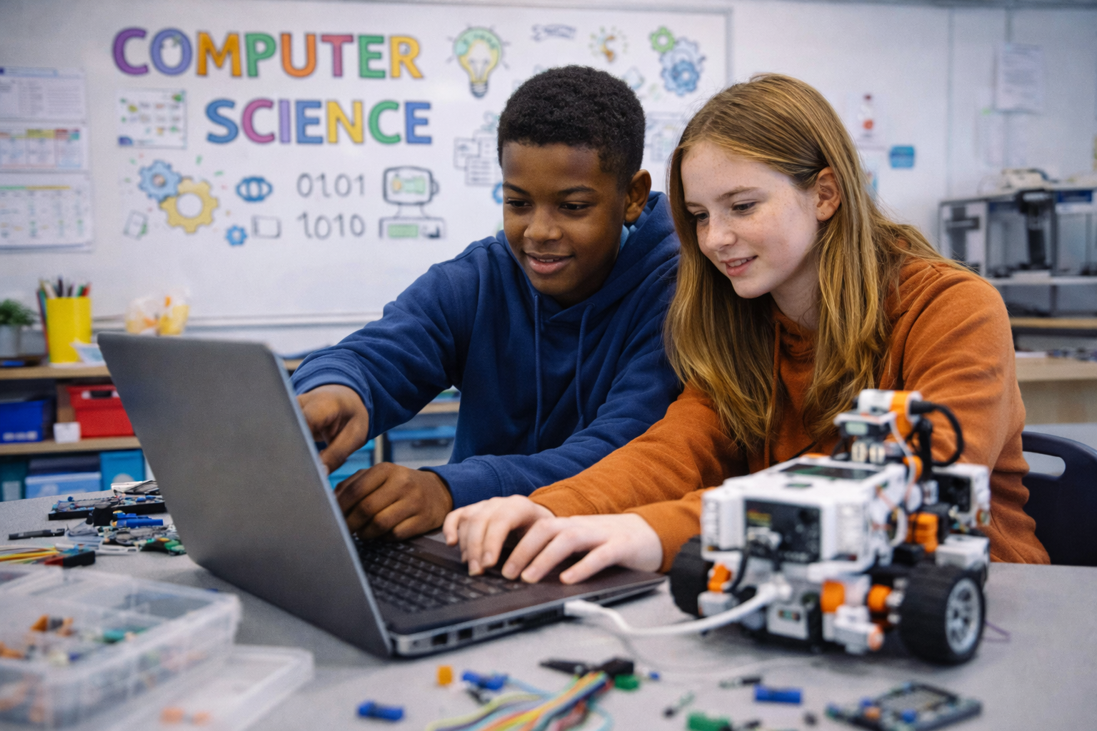 Kids coding in their STEM class 