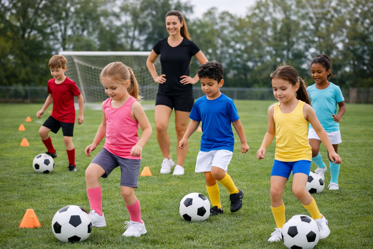 Children practicing soccer in a soccer academy franchise 