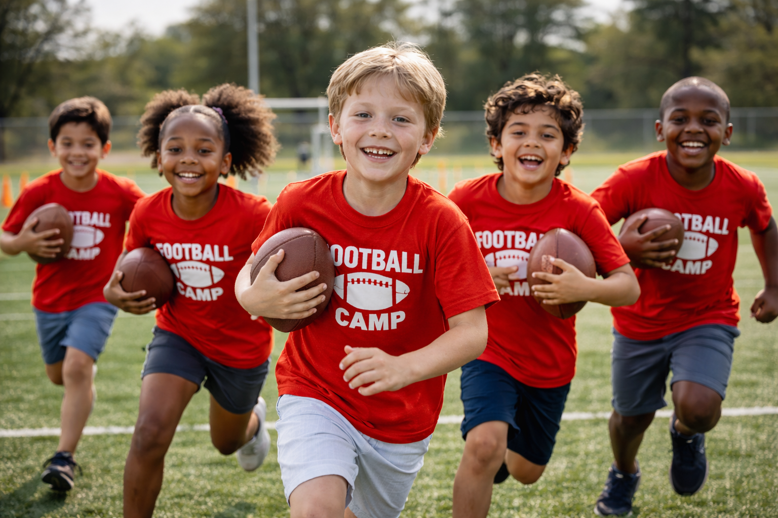 Kids running in a football camp