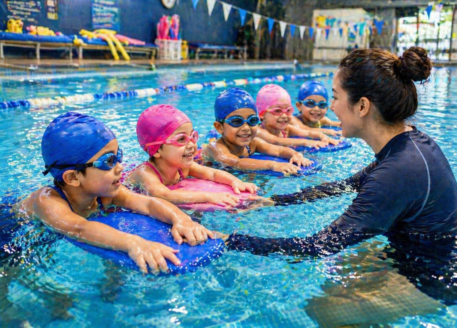 swim school kids with instructor