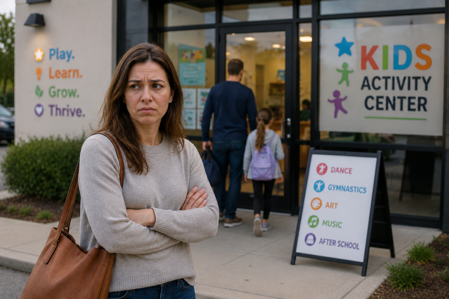 An unhappy parent outside a kids' activity center