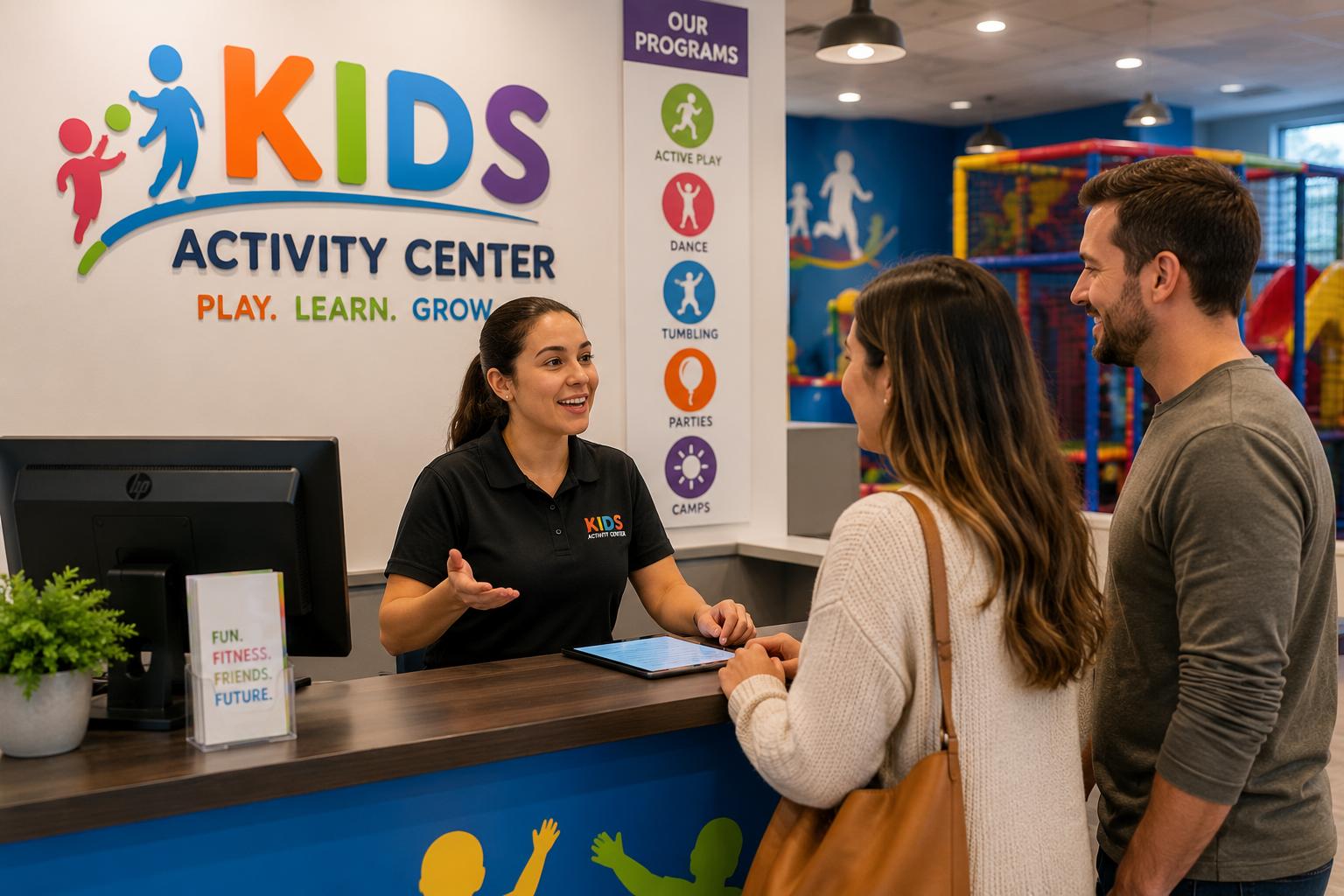 A trainer talking to parents in frontdesk