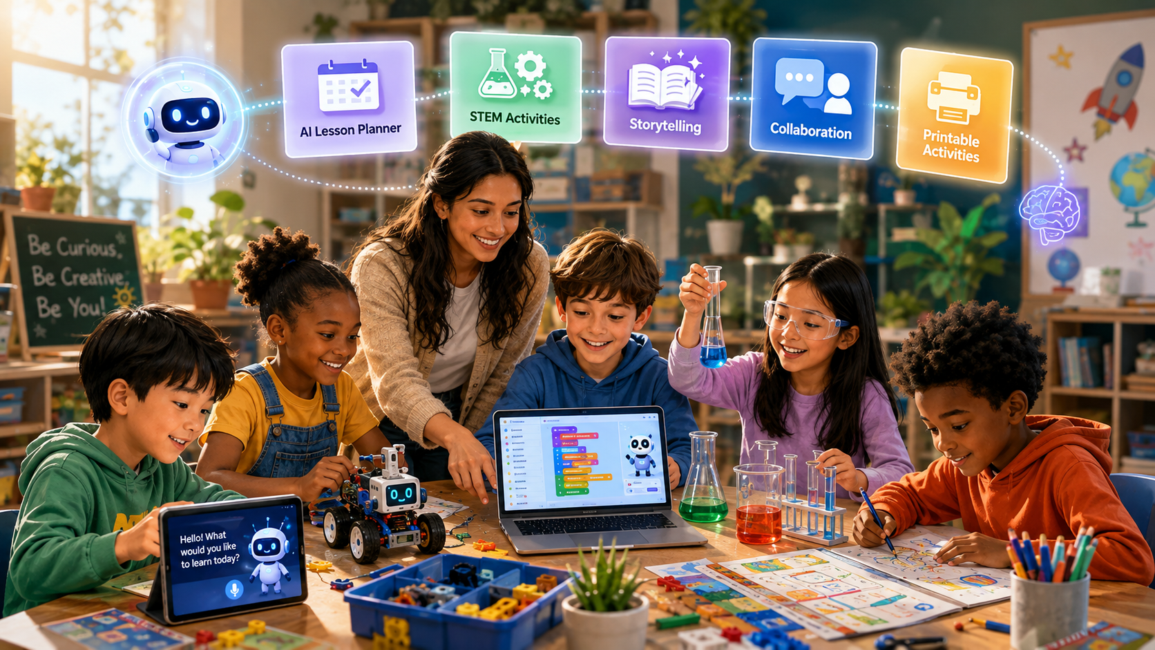 Teacher and children exploring STEM, coding, science, and creative learning activities.