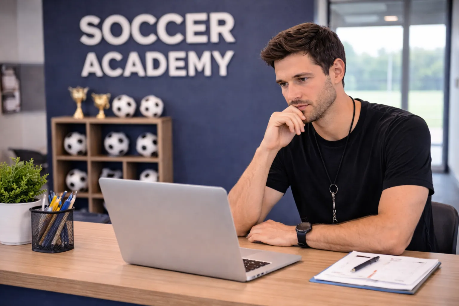 Soccer trainer analysing the reports and numbers 