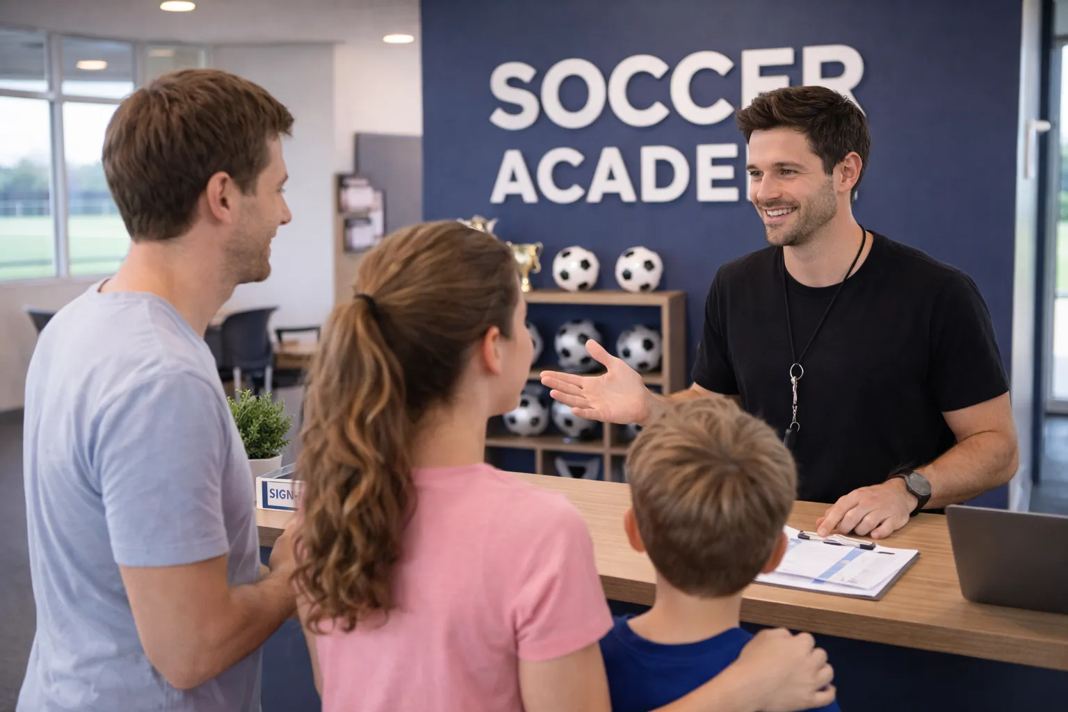 Soccer academy trainer talking to clients about their programs