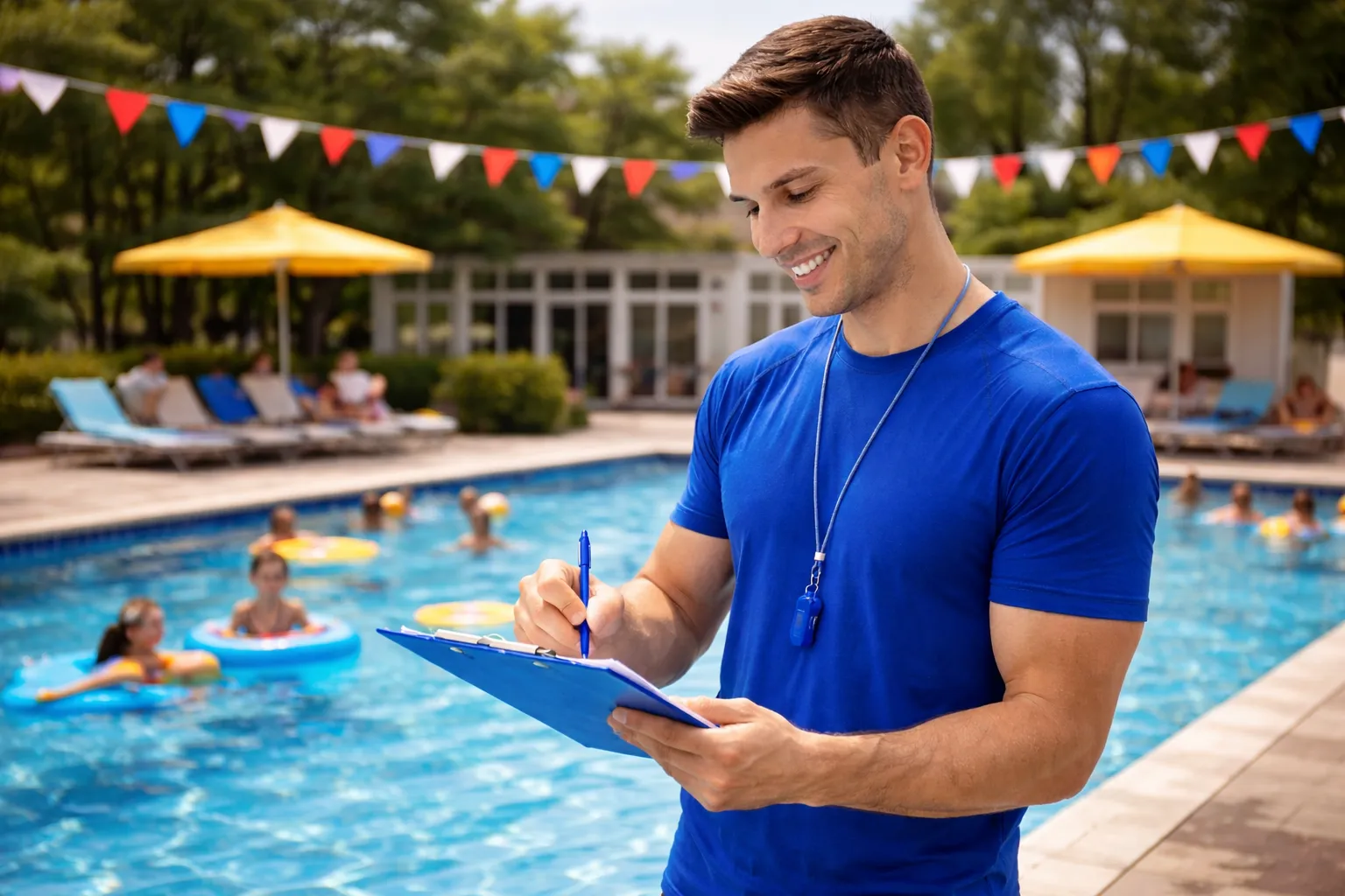 a swim trainer checking off the requirements for pool reopening day 