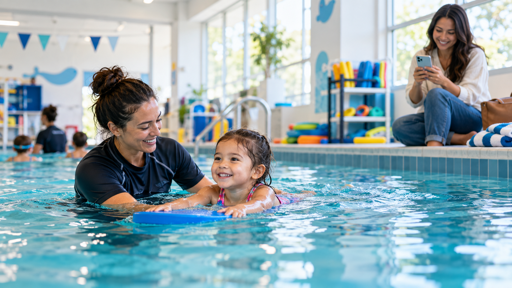 Instructor teaching a child to swim