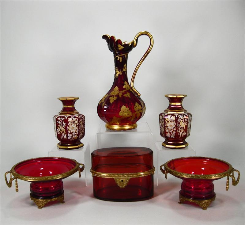 Group of 6 Red Glass Tablewares Late 19th/Early 20th Victorian gilt metal mounted tazza oblong hinged box pitcher, New York Auction House, Houston Auction, Dallas Auction, San Antonio, 