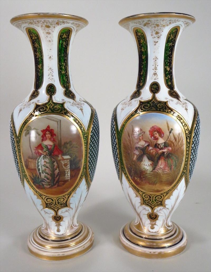Pair of Cased Cut Glass Vases French 19th century hand painted panels,New York Auction House, Houston Auction, Dallas Auction, San Antonio, 