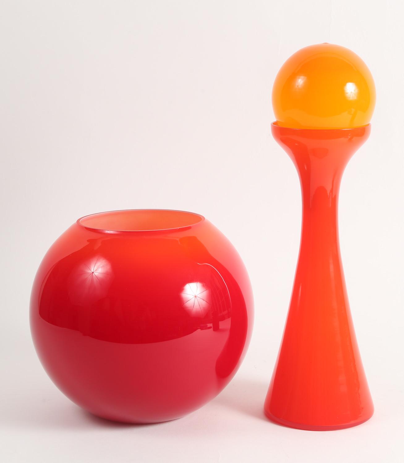 Two Italian Orange and Red Glass Vessels Mid 20th Century ,New York Auction House, Houston Auction, Dallas Auction, San Antonio, 