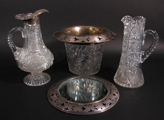 4 Pieces of American Cut Glass 19th C. 3 with Sterling Silver Mounts with hand-chased floral design, New York Auction House, Houston Auction, Dallas Auction, San Antonio, 