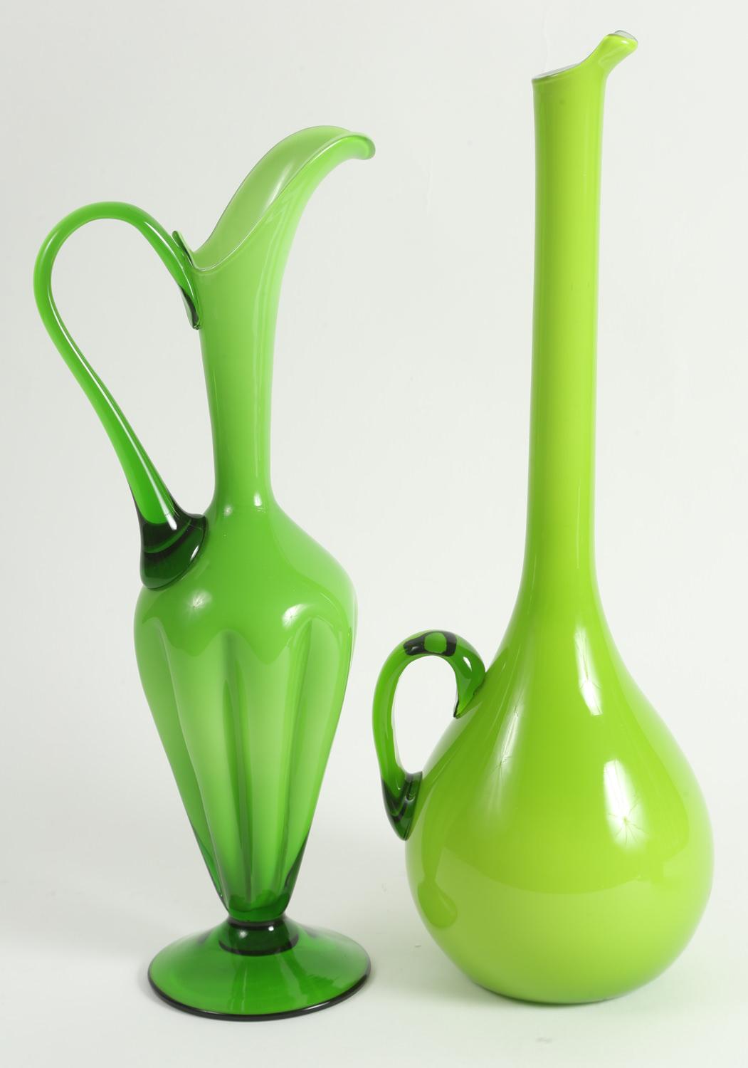 Two Italian Lime Green Glass Ewers mid to late 20th Century,New York Auction House, Houston Auction, Dallas Auction, San Antonio, 