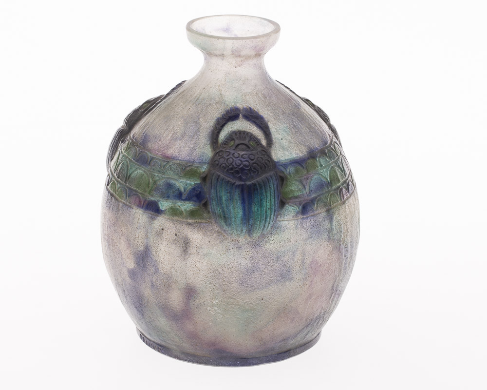 Gabriel Argy Rousseau (French, 1885-1953), Pate de Verre Glass Vase Decorated with Scarabs ,New York Auction House, Houston Auction, Dallas Auction, San Antonio, 