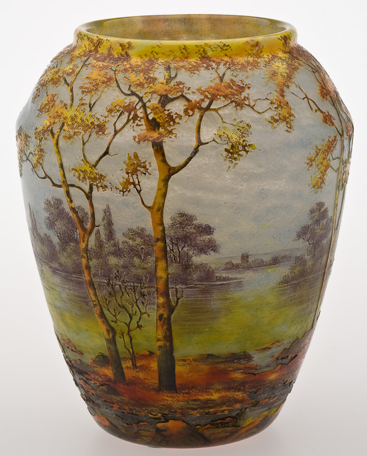Daum Nancy Fall Scene Cameo Glass Vase  trees in tones of yellow and orange along a river accented with green and yellow against a blue sky,New York Auction House, Houston Auction, Dallas Auction, San Antonio, 