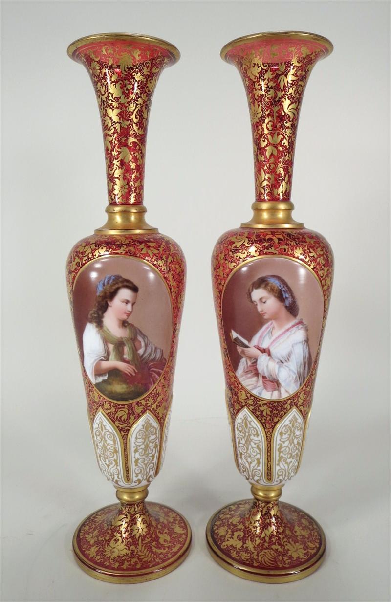Pair of Cranberry Glass Portrait Vases Continental 19th/20th century Victorian with portraits of young women, one reading a book New York Auction House, Houston Auction, Dallas Auction, San Antonio, 