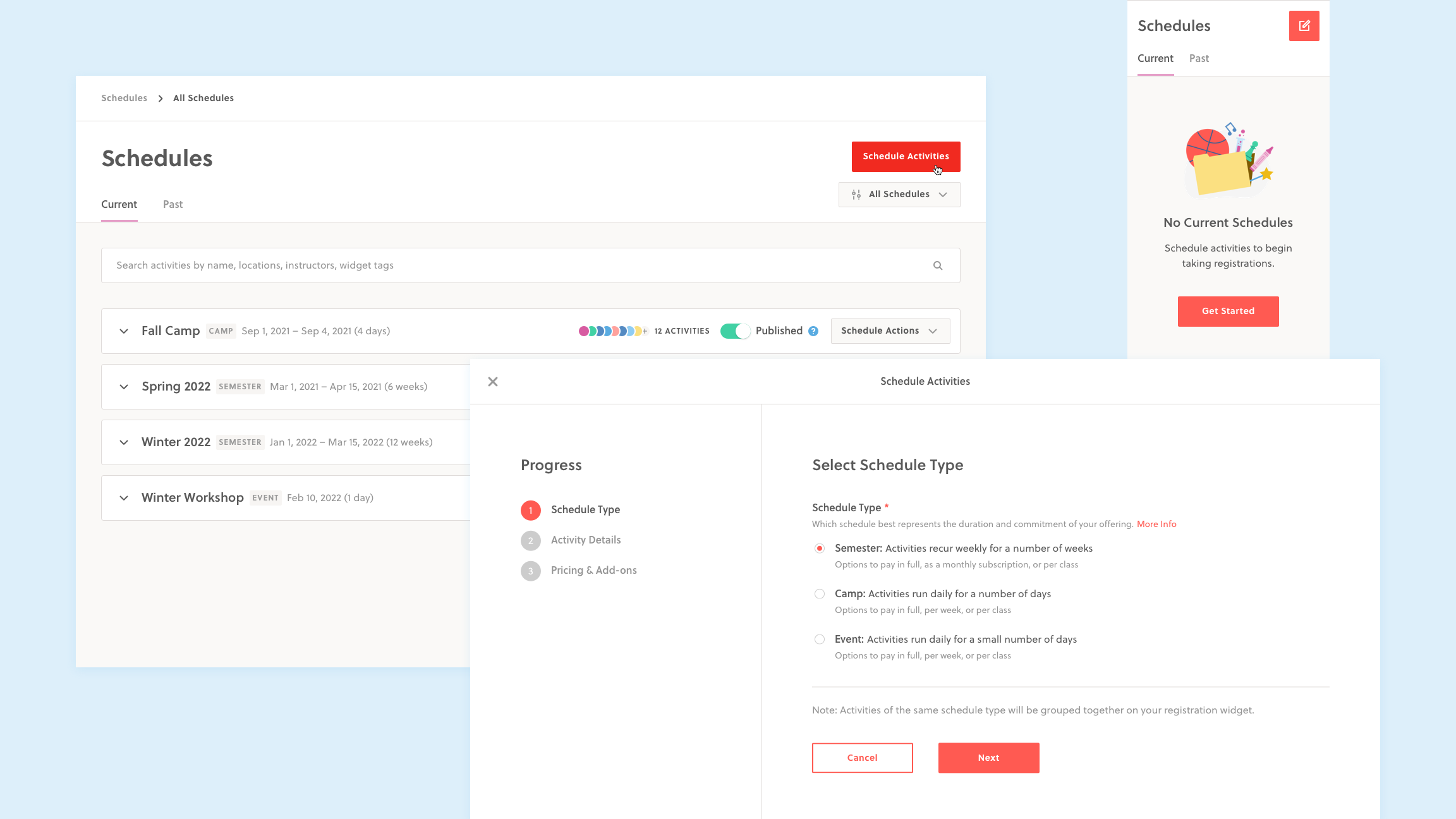 An image of the new schedules page, which combined both schedule types on a single page