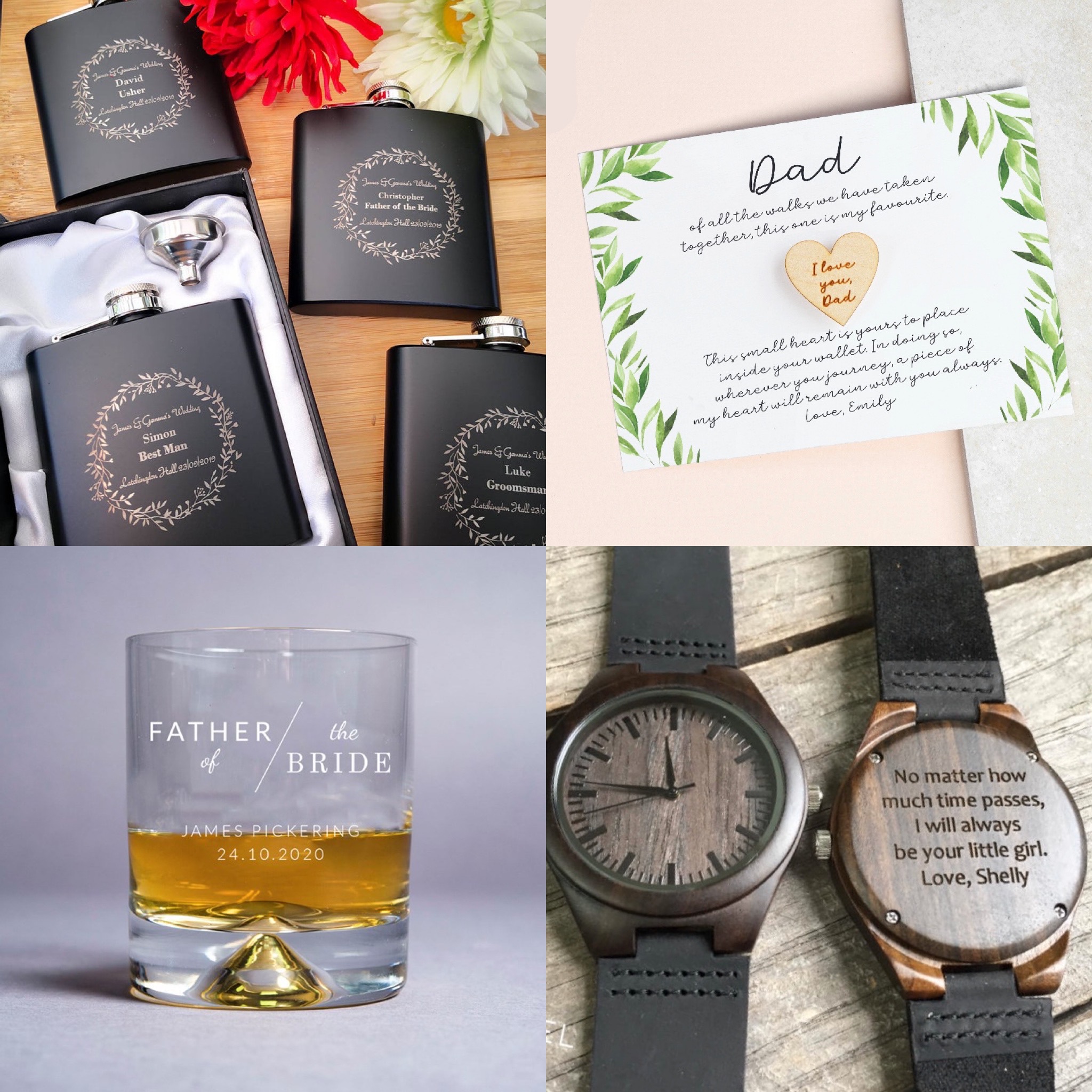 wedding day gifts for the Father of the Bride, A hp flask, a whisky glass and an engraved watch.