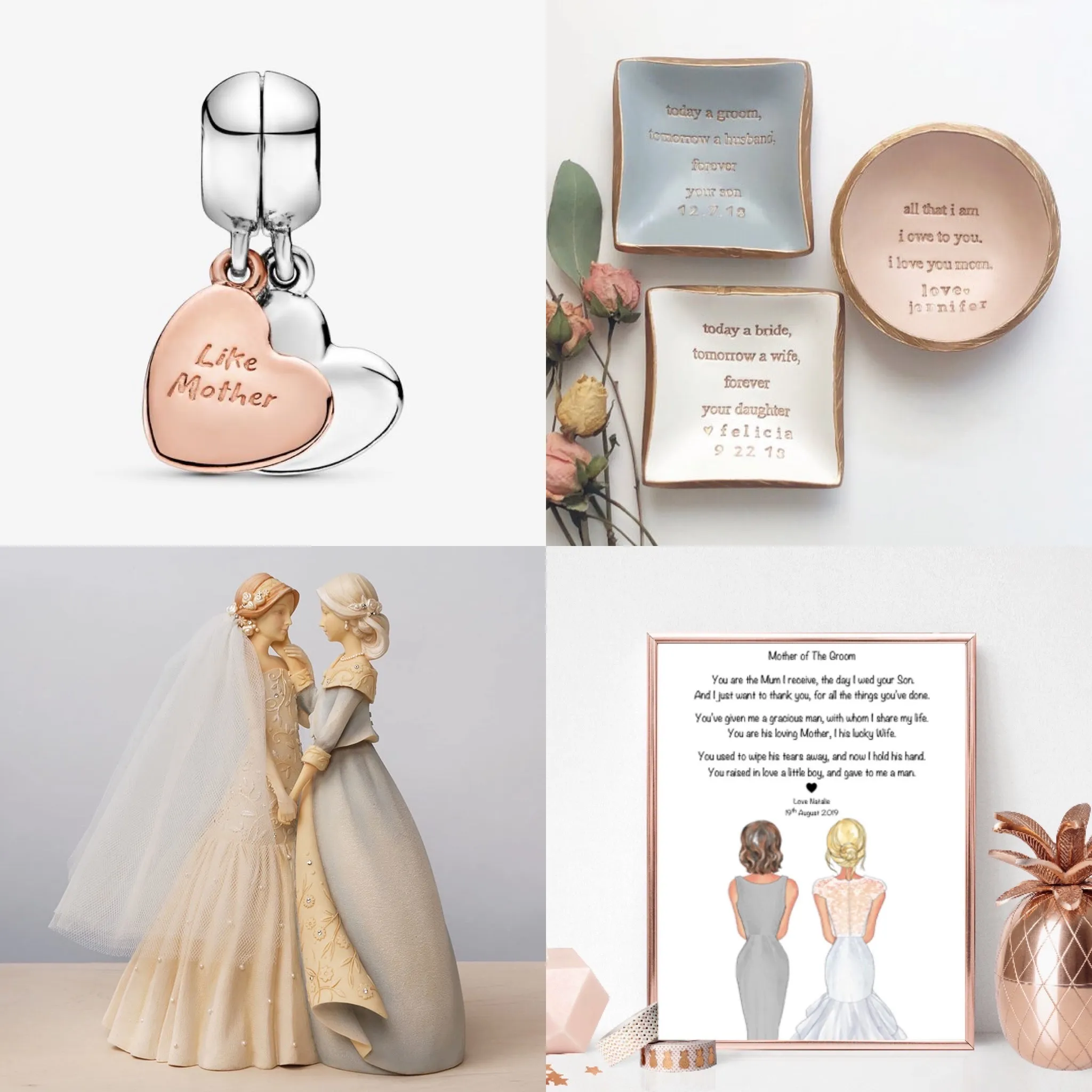 Jewellery, trinkets and a framed picture, wedding gifts for the Mother of the bride.