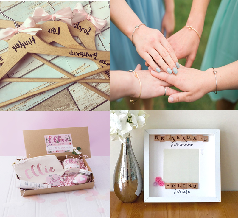 some personalised wooden hangers, bridesmaid toque bracelets, bridesmaid gift box with toiletries and a frame with room for a photo.