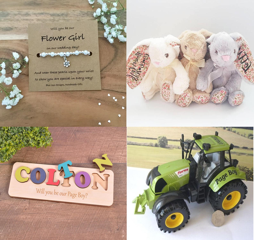a bead bracelet and cully bunny for a flower gorl and a jigsaw and toy tractor for a page boy