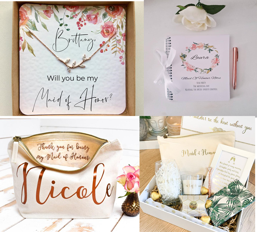 A necklace,a notebook, a make up bag and a toiletries gift set all personalised for a matron of honour