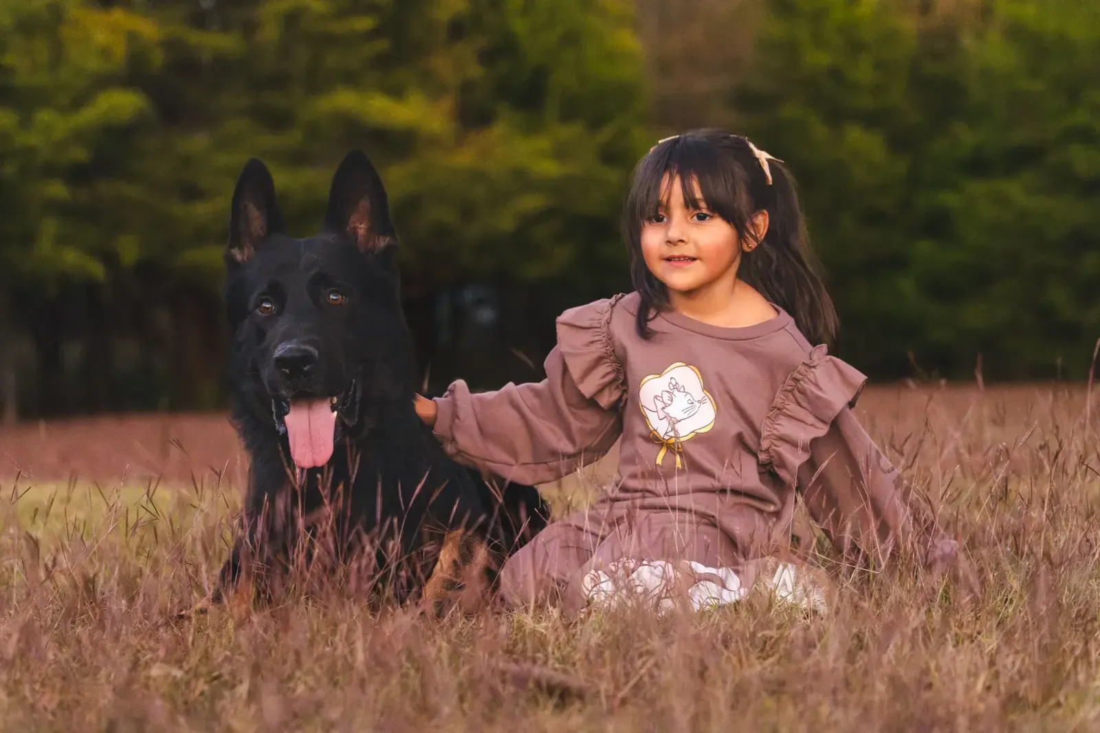 A young girl standing beside a CPI family protection dog