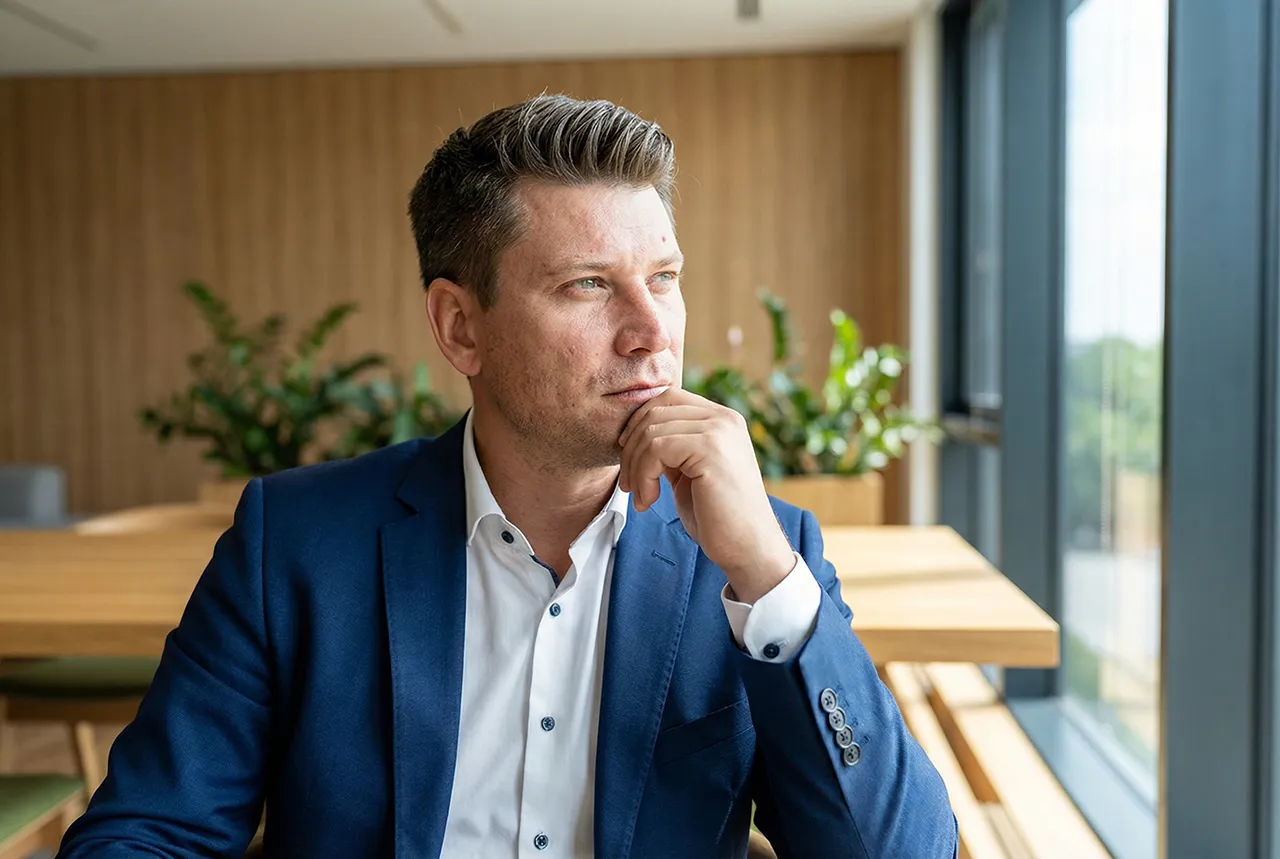 Nachdenkliche Führungskraft in modernem Büro als Symbol für Führungskräfteentwicklung und Entscheidungsfindung.