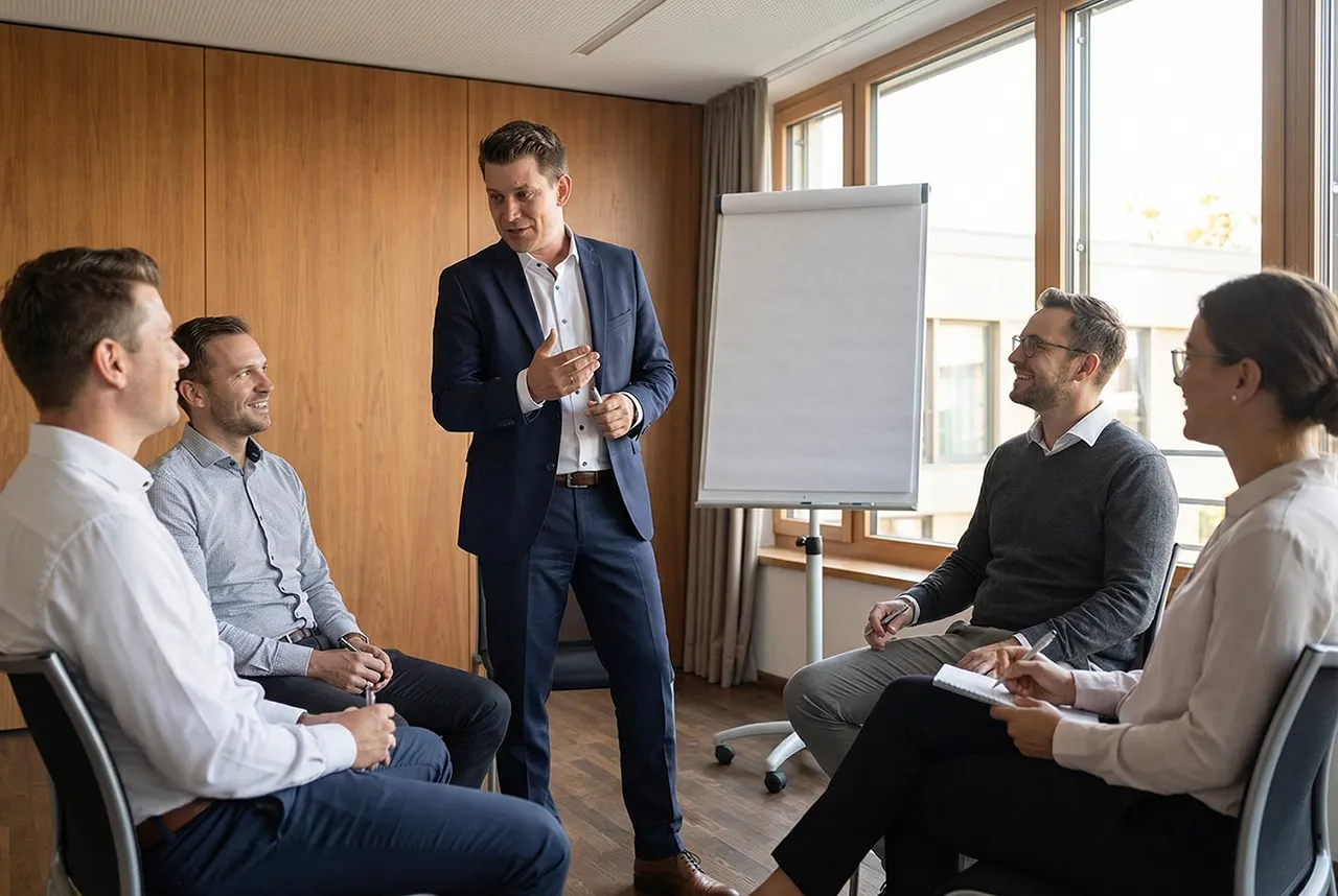 Führungskräfte-Training in einem Seminarraum mit moderierter Gruppendiskussion.