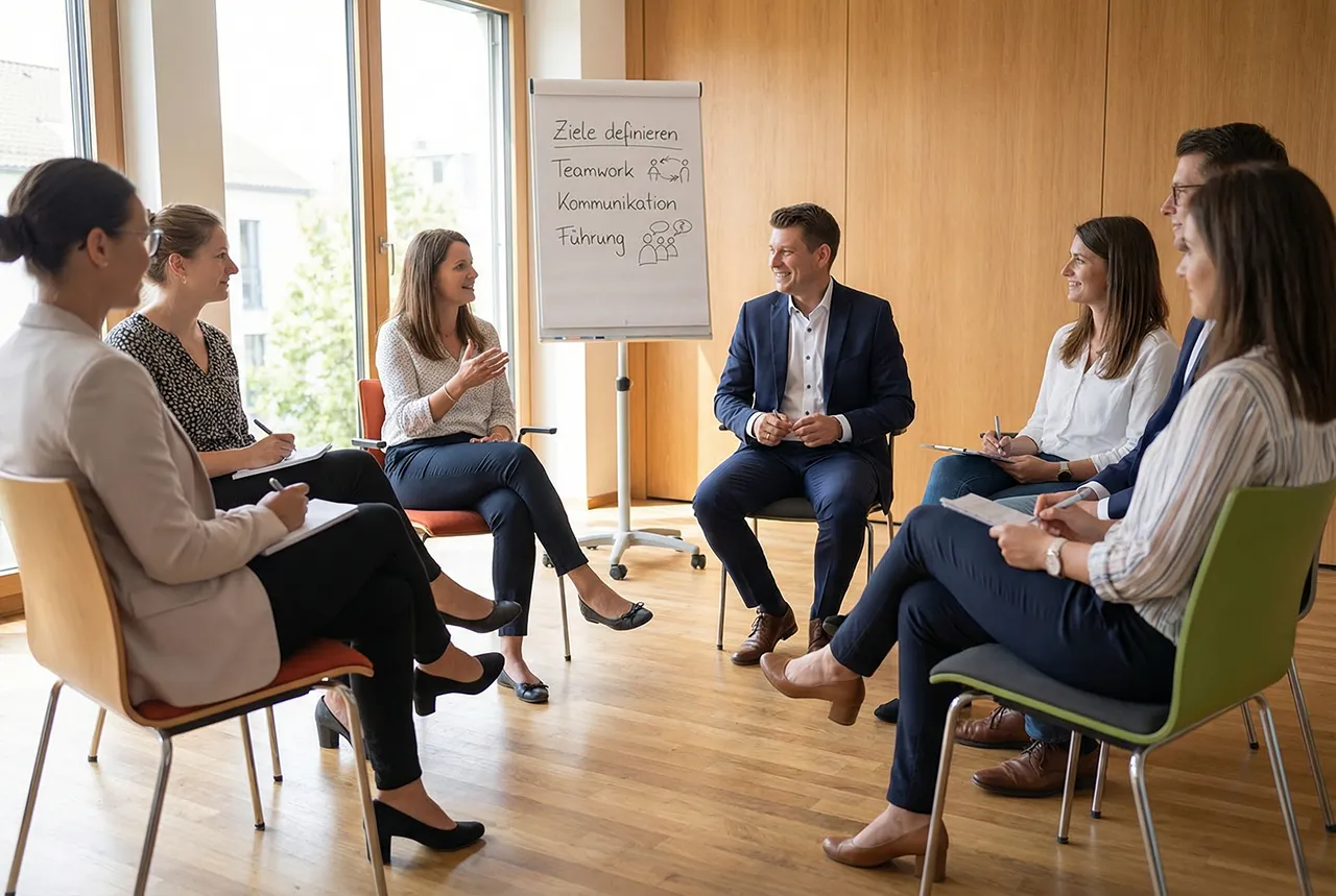Teamworkshop im Sesselkreis zur gemeinsamen Arbeit an Führung und Zusammenarbeit.