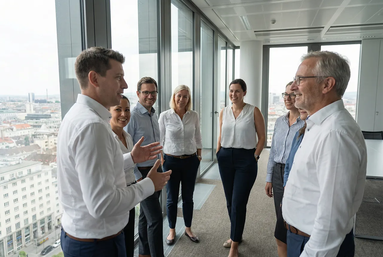Workshop-Szene zur Onboarding- und Nachwuchsführung in einem modernen Büro mit Blick über die Stadt Wien.