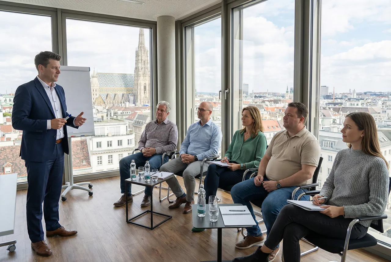 Führungskräfte-Seminar in Wien mit Präsentation und Teilnehmern, Blick auf den Stephansdom, Teilnehmer hören aufmerksam zu und machen sich Notizen zur Mitarbeiterführung.