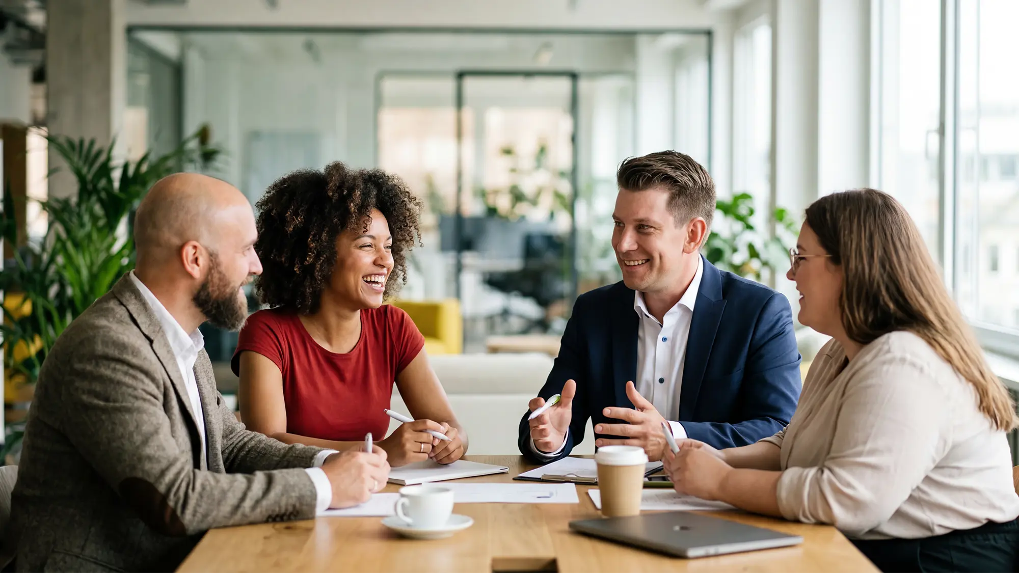 Ein diverses Team von vier Personen lacht und diskutiert konstruktiv während eines Inhouse-Kommunikationstrainings in einem hellen, modernen Büro.