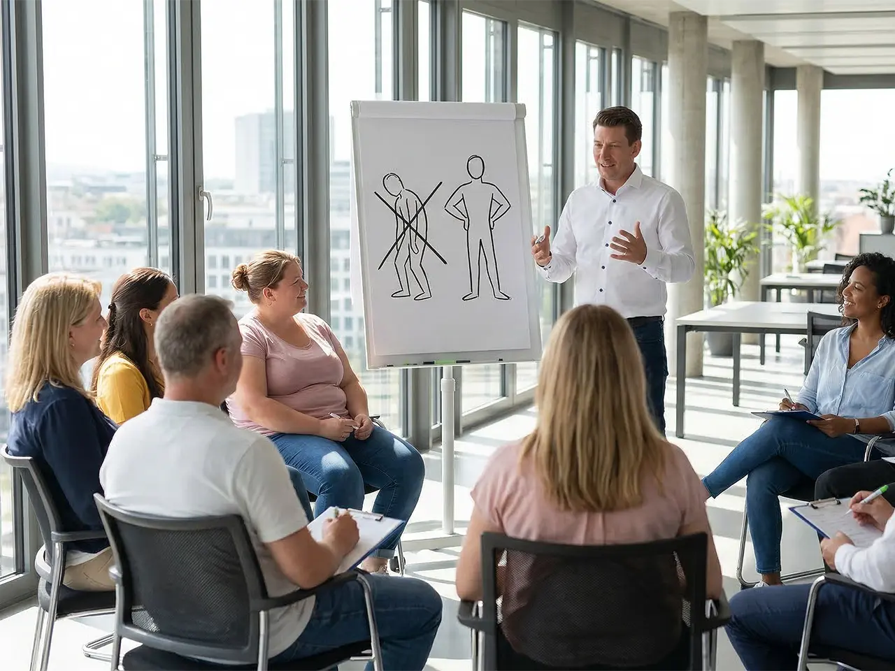 Trainer Simon Schelkshorn erklärt einer Seminargruppe in einem hellen Raum anhand einer Flipchart-Zeichnung die Wirkung von offener und geschlossener Körpersprache während eines Kommunikationstrainings.