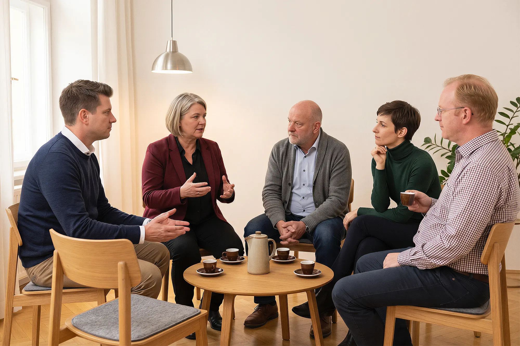 Moderierter Stuhlkreis eines Teamentwicklungsprozesses bei Teamimpuls Wien mit Simon Schelkshorn und vier Teilnehmer:innen.