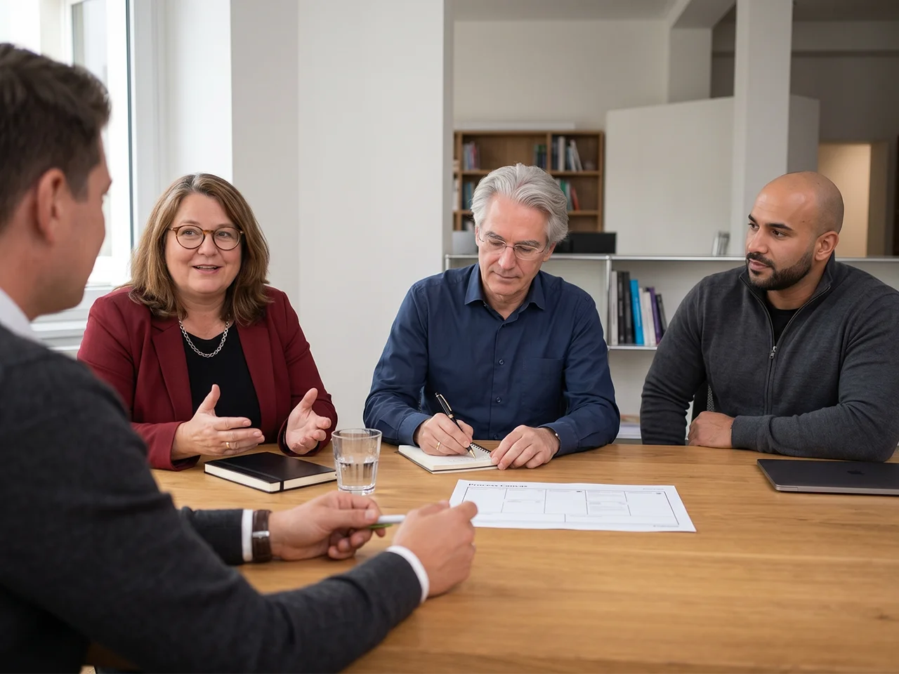 Beratungsgespräch zur Teamentwicklung am Eichentisch im Büro von Teamimpuls Wien, drei Führungskräfte im Austausch.