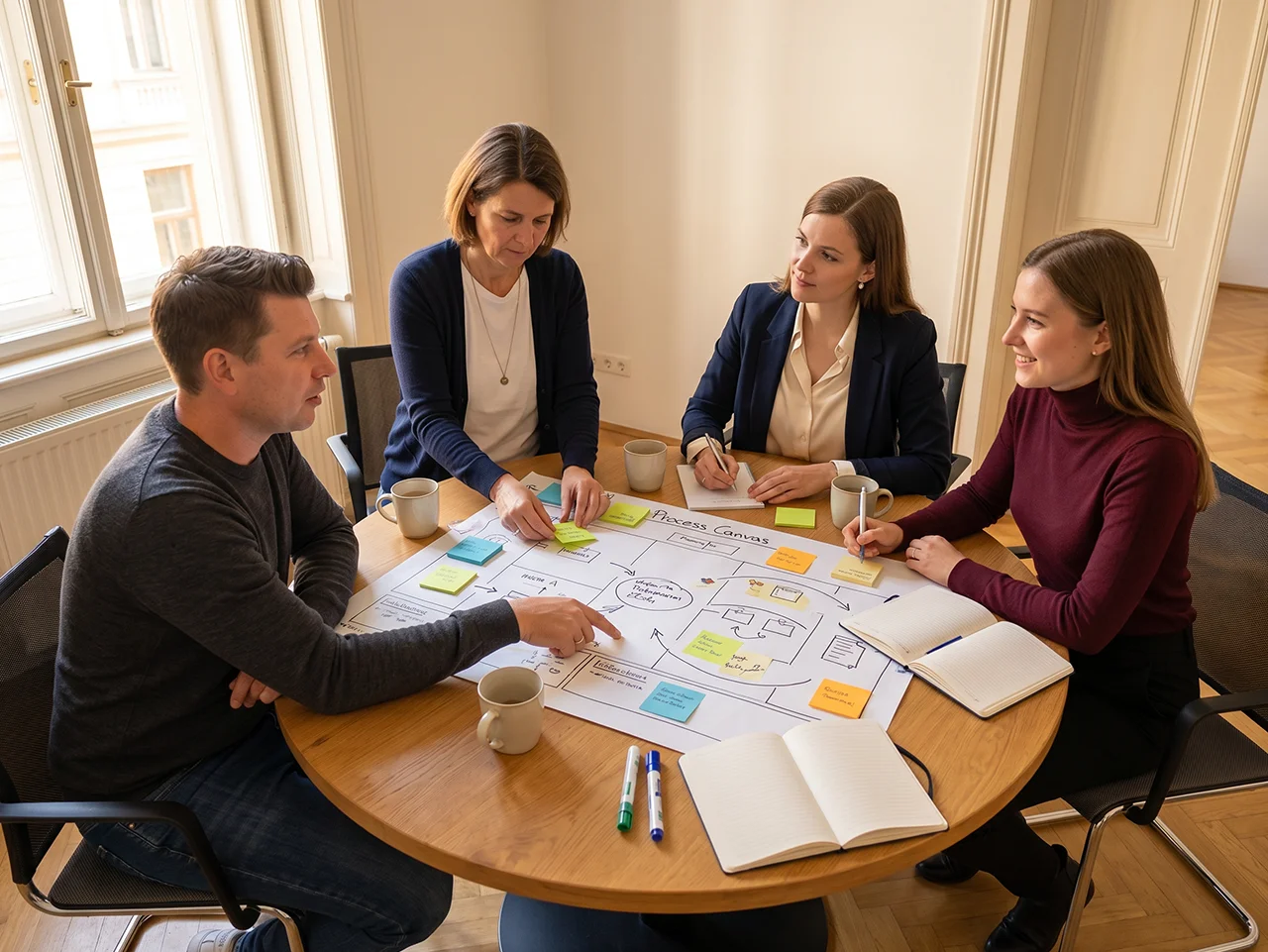Trainerteam von Teamimpuls Wien arbeitet gemeinsam an einer Prozess-Canvas für einen Teamentwicklungsauftrag.
