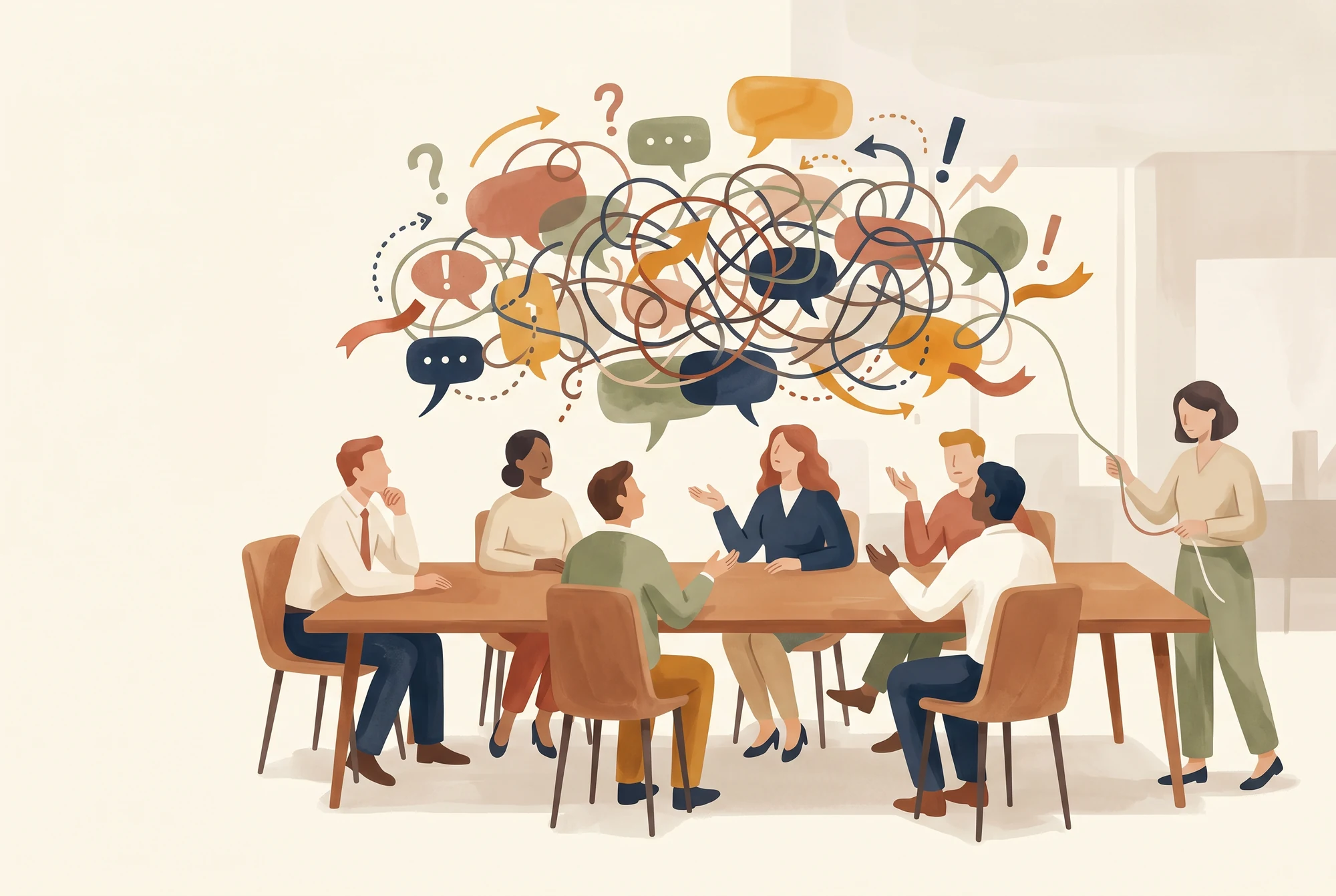 Kommunikationsfehler im Team dargestellt als verhedderter Knoten aus Sprechblasen und Fragezeichen über einem Besprechungstisch, während eine HR-Person am Rand den Faden aufnimmt.