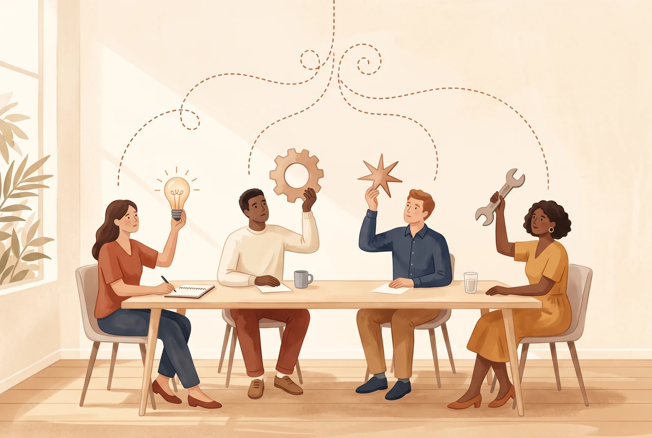 Vier Teammitglieder halten im Meeting unterschiedliche Symbole hoch, ein klassisches Missverständnis im Team durch unausgesprochene Annahmen.