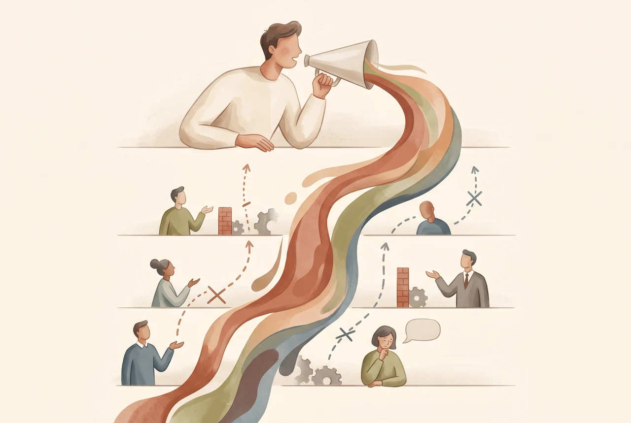 Führungskraft spricht über ein Megafon top-down ins Team, während der Rückkanal von unten nach oben unterbrochen bleibt, ein typisches Kommunikationsproblem in Organisationen.