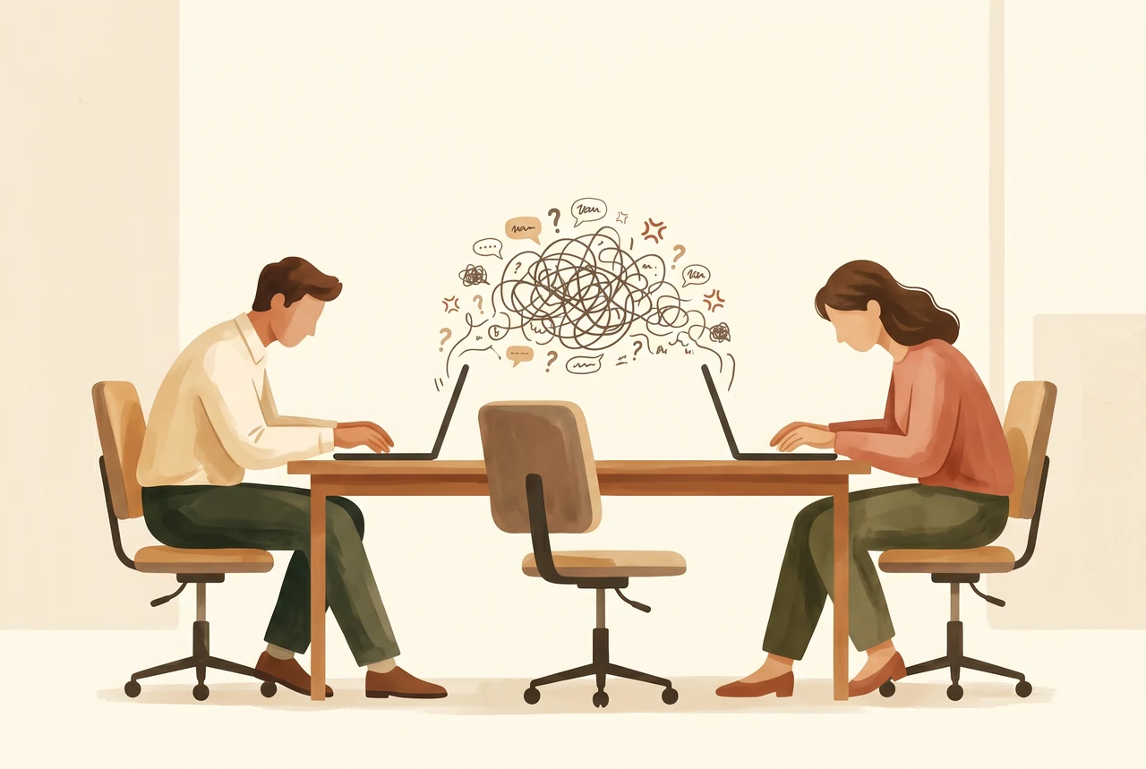 Zwei Kolleg:innen sitzen nebeneinander am Schreibtisch und tippen sich Nachrichten, statt miteinander zu reden, ein häufiger Kommunikationsfehler im Team.