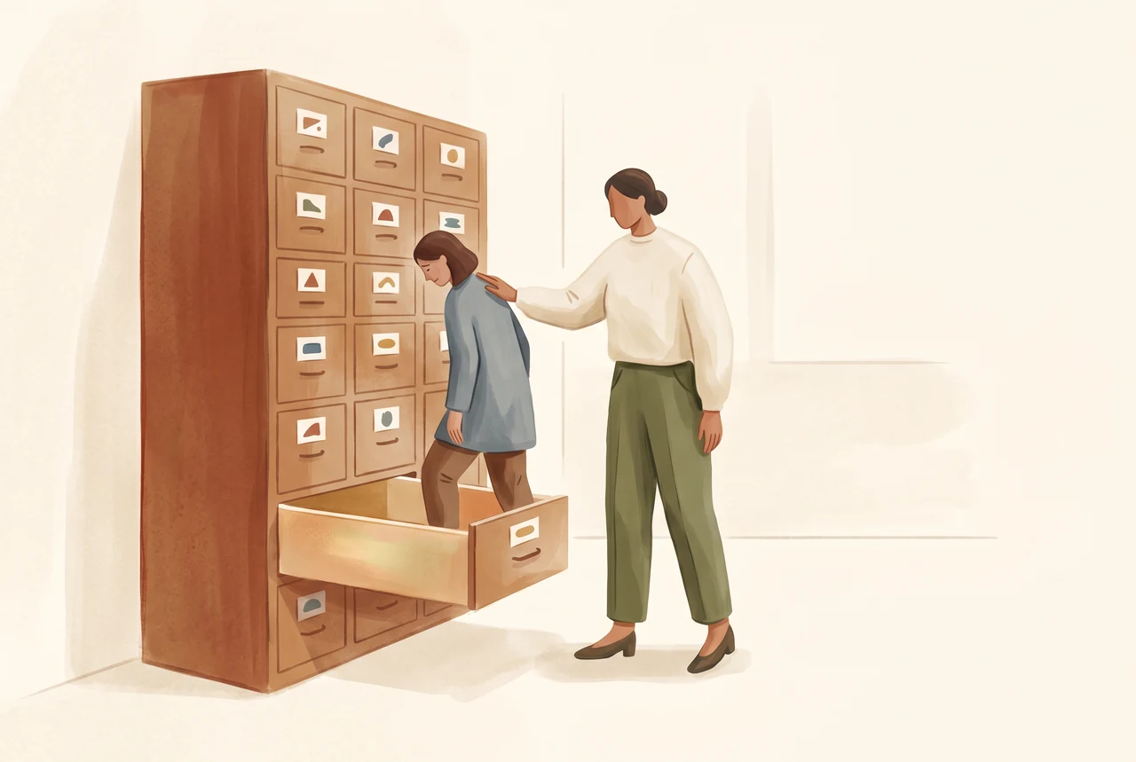 Eine Führungskraft führt eine Mitarbeiterin in eine Schublade eines Aktenschranks, ein Bild für urteilendes Feedback und fehlende Feedbackkultur im Team.
