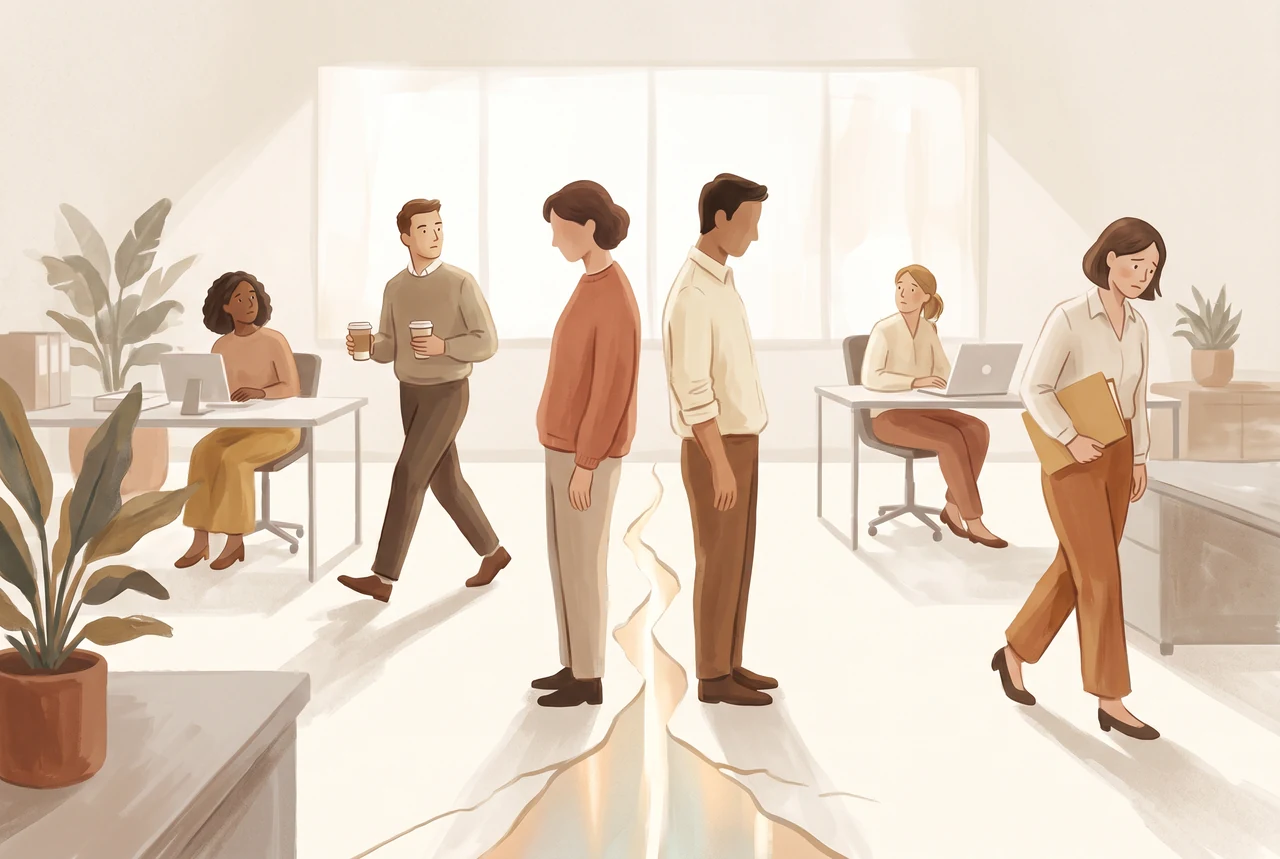 Zwei Kolleg:innen stehen Rücken an Rücken mit einem sichtbaren Riss im Büroboden zwischen sich, während das Team daran vorbeigeht, Sinnbild für ungelöste Konflikte im Team.