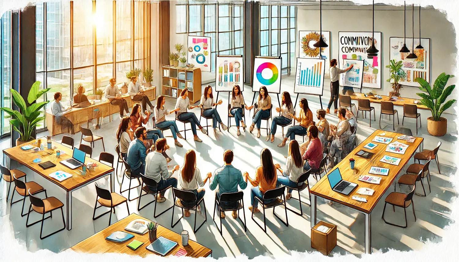 Gruppe von Mitarbeitenden in einem modernen Seminarraum bei einem Teamworkshop, im Hintergrund Flipcharts und Präsentationsmaterial