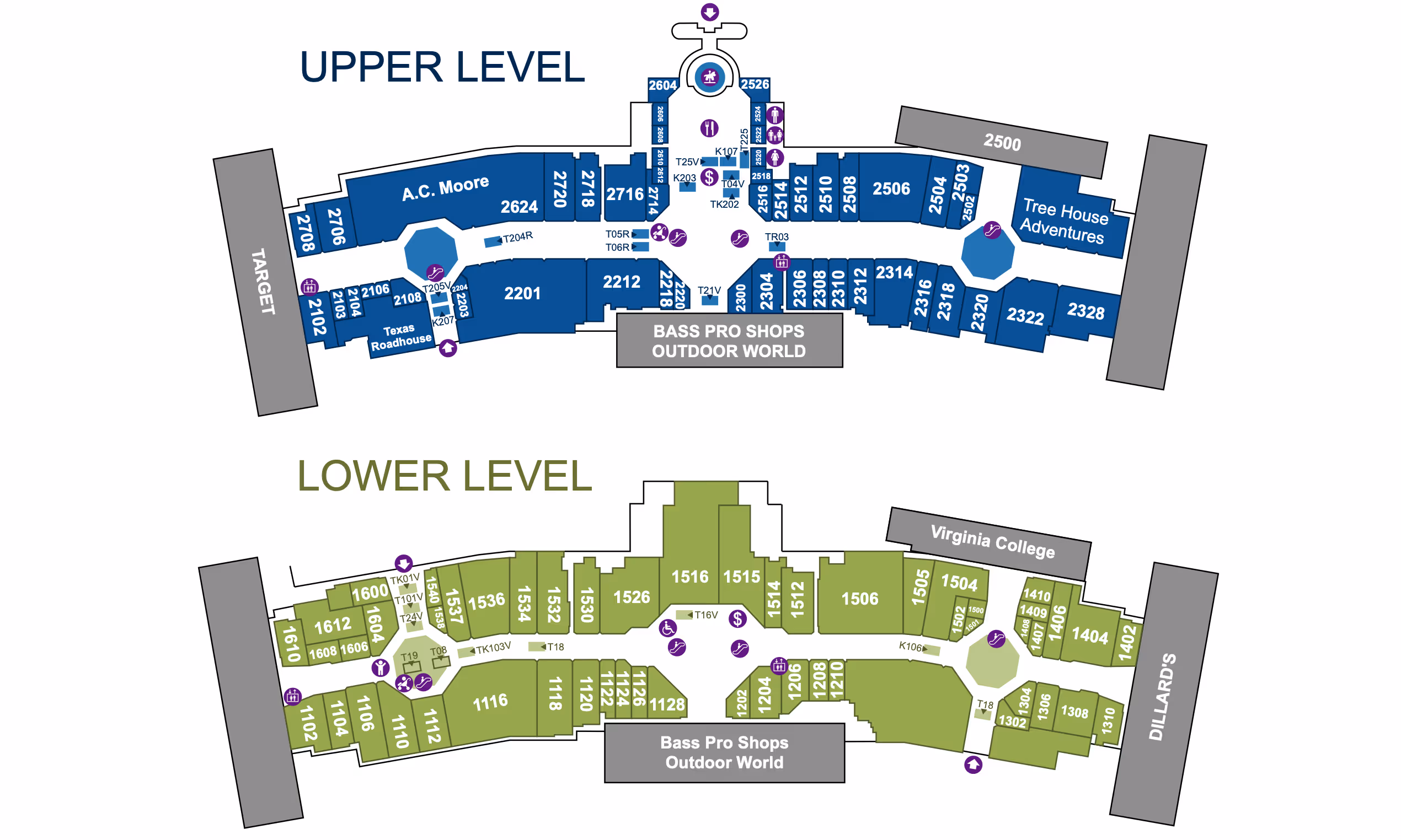 Mall directory map showing upper and lower levels with stores like A.C. Moore, Bass Pro Shops Outdoor World, Target, Tree House Adventures, Virginia College, and Dillard's labeled.