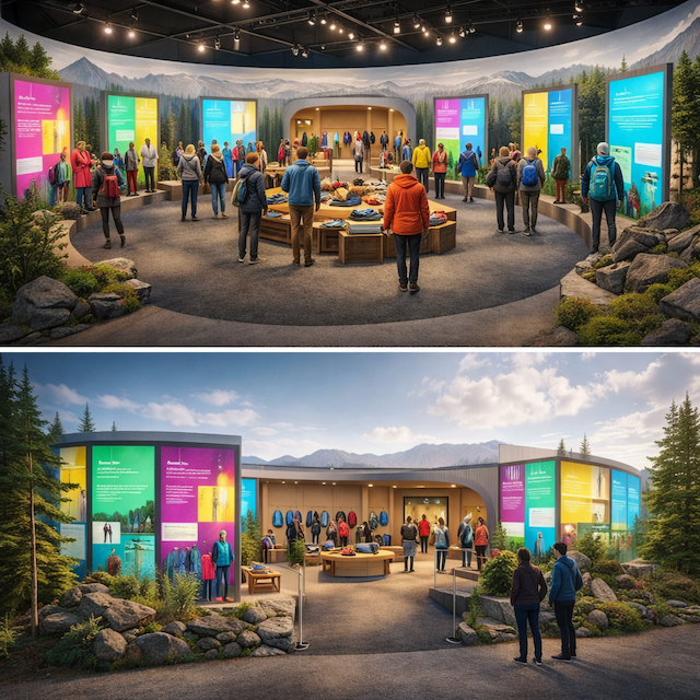 AI-assisted concept showing the booth placed in both interior and exterior settings.